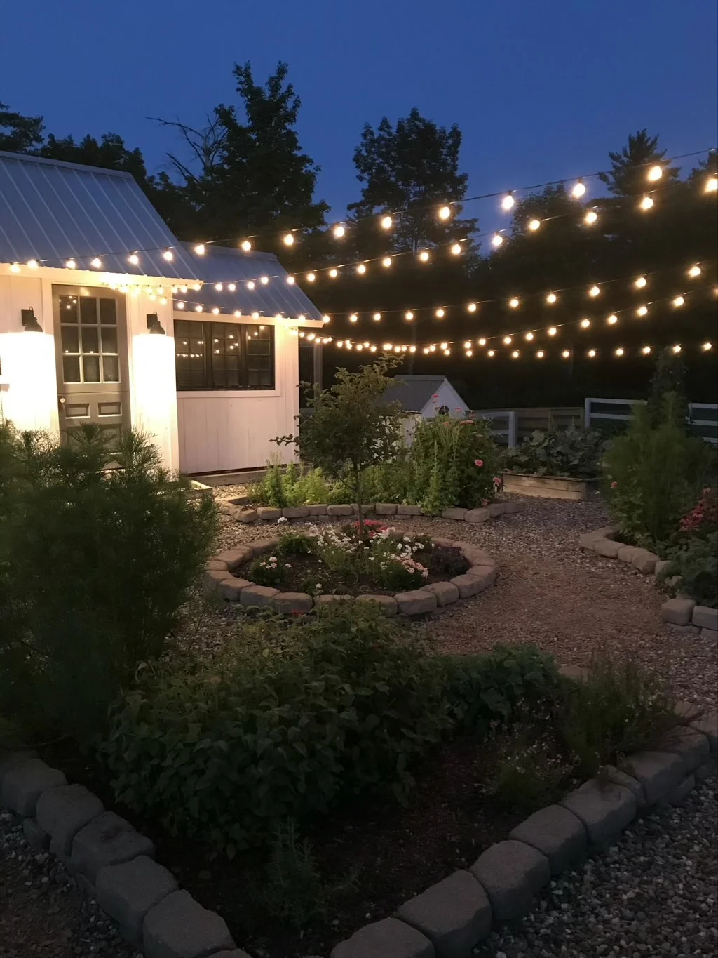 garden with lights on at night