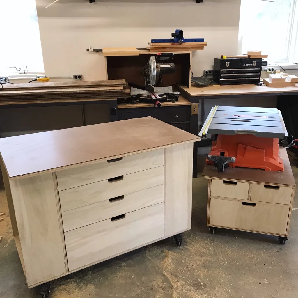 Assembly cart and table saw rolling cabinet
