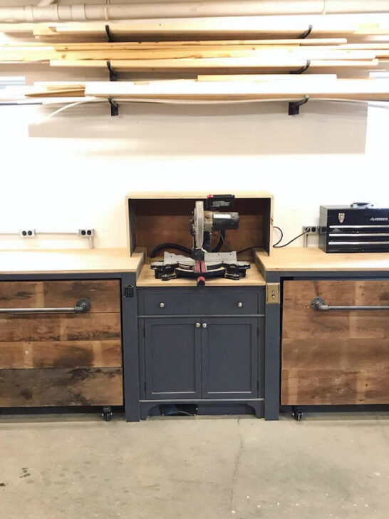 Miter saw station with rolling cabinets