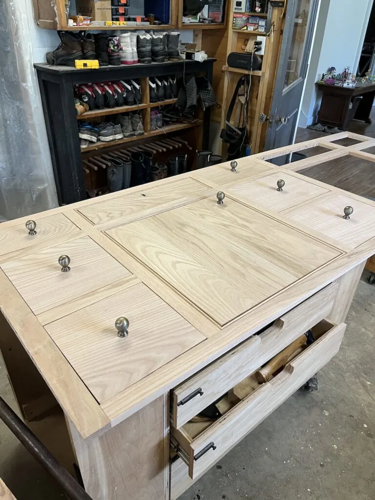 Too large knobs on oak cabinet mockup