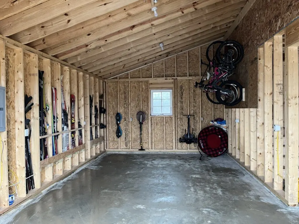 Organized equipment in an unfinished garage